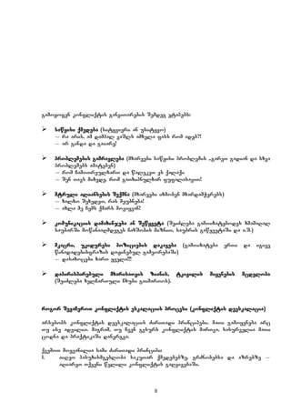 8

gamoyofen konfliqtis ganviTarebis Semdeg etapebs:
 sawyisi qmedeba (sityvieri an usityvo)
_ ra aris, am dampal vaSls amxela fass rom adeb?!
_ ar ginda da gaiare!
 problemebis gamravleba (mxareebi sawyisi problemis ,,gareT gadian” da sxva
problemebs amateben)
_ rom CamoTreulxarT da walekeT es qalaqi
_ Sen Tavs mixede, rom gaTxipnulxar fufalasaviT!
 mtruli aliansebis Seqmna (mxareebi ixmoben mxardamWerebs)
_ xalxo SexedeT, ras meubneba!
_ axla me Cems qmars moviyvan!
 komunikaciis damaxinjeba an Sewyveta (SeiZleba gamoixatebodes xmamaRal
saubarSi mowinaaRmdeges CaxSobis mizniT, saubris gawyvetaSi da a.S.)
 mkacri, ukiduresi poziciebis dakaveba (gamoixateba erTi da igive
winadadebis/frazis daJinebul gameorebaSi)
_ dasaxocebi xarT yvela!!!
 dapirispirebuli mxarisaTvis zianis, tkivilis miyenebis mcdeloba
(SeiZleba xelCarTuli Cxubi gaimarTos).
rogor SevaCeroT konfliqtis eskalaciis procesi (konfliqtis deeskalacia)
arsebobs konfliqtis deeskalaciis ZiriTadi principebi. maTi gamoyeneba arc
Tu ise advilia. magram, Tu Cven gvsurs konfliqtis marTva, sasurvelia maTi
codna da praqtikaSi danergva.
qvemoT moyvanilia sami ZiriTadi principi:
1. aiReT pasuxismgebloba sakuTar qmedebebze, grZnobebsa da azrebze _
aRiareT Tqveni wvlili konfliqtis gaRvivebaSi.
 