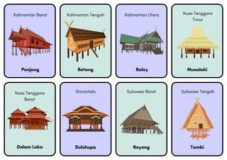 Betang Baloy Musalaki
Dalam Loka Dulohupa Boyang Tambi
Kalimantan Tengah Kalimantan Utara Nusa Tenggara
Timur
Gorontalo Sulawesi Barat Sulawesi Tengah
Nusa Tenggara
Barat
Kalimantan Barat
Panjang
 