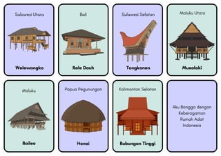 Bale Dauh Tongkonan Musalaki
Baileo Honai Bubungan Tinggi
Bali Sulawesi Selatan Maluku Utara
Papua Pegunungan Kalimantan Selatan
Aku Bangga dengan
Keberagaman
Rumah Adat
Indonesia
Maluku
Sulawesi Utara
Walewangko
 