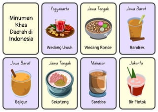Wedang Uwuh
Minuman
Khas
Daerah di
Indonesia
Wedang Ronde Bandrek
Sekoteng Sarabba Bir Pletok
Bajigur
Yogyakarta Jawa Tengah Jawa Barat
Jawa Tengah Makasar Jakarta
Jawa Barat
 