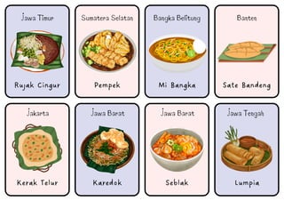Pempek Mi Bangka Sate Bandeng
Karedok Seblak Lumpia
Kerak Telur
Sumatera Selatan Bangka Belitung Banten
Jakarta Jawa Barat Jawa Barat Jawa Tengah
Rujak Cingur
Jawa Timur
 