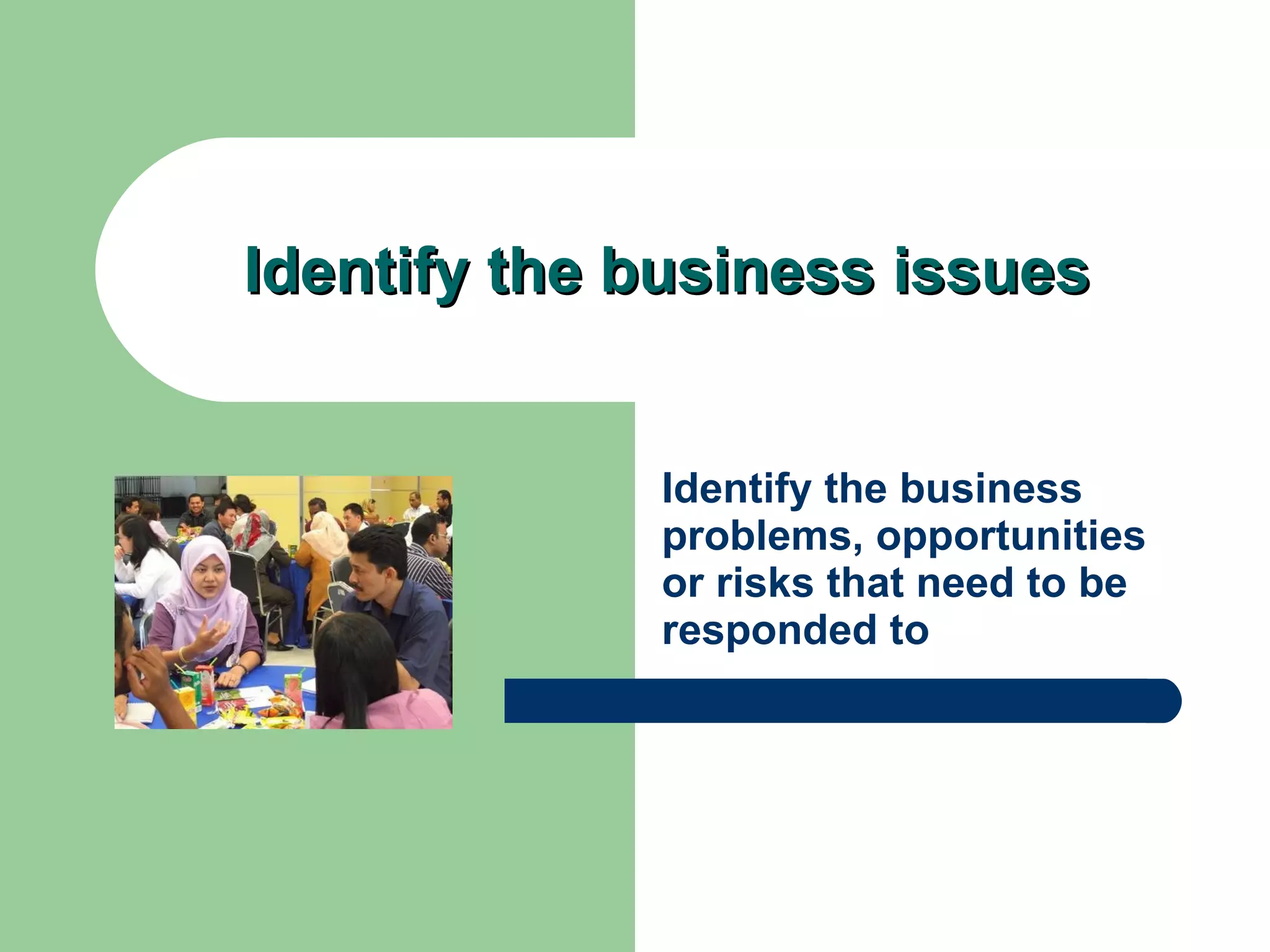 Identify the business issues Identify the business problems, opportunities or risks that need to be responded to 