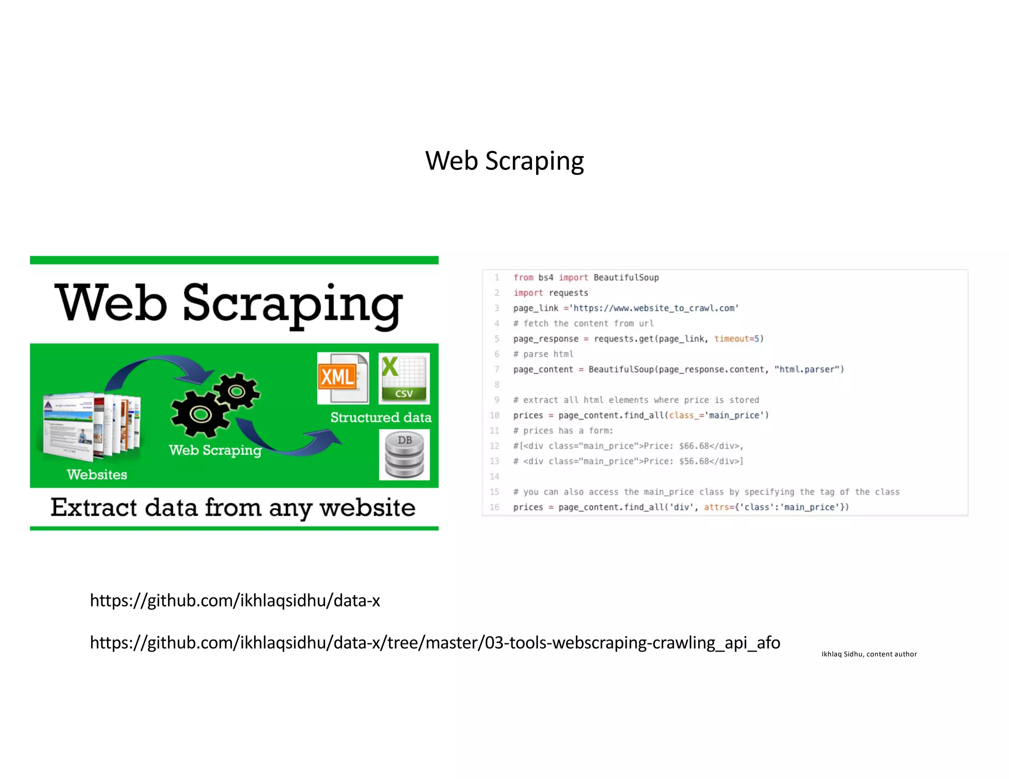 Ikhlaq Sidhu, content author
Web Scraping
https://github.com/ikhlaqsidhu/data-x/tree/master/03-tools-webscraping-crawling_api_afo
https://github.com/ikhlaqsidhu/data-x
 