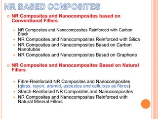  NR Composites and Nanocomposites based on
Conventional Fillers
 NR Composites and Nanocomposites Reinforced with Carbon
Black
 NR Composites and Nanocomposites Reinforced with Silica
 NR Composites and Nanocomposites Based on Carbon
Nanotubes
 NR Composites and Nanocomposites Based on Graphene
 NR Composites and Nanocomposites Based on Natural
Fillers
 Fibre-Reinforced NR Composites and Nanocomposites
(glass, rayon, aramid, asbestos and cellulose as fibres)
 Starch-Reinforced NR Composites and Nanocomposites
 NR Composites and Nanocomposites Reinforced with
Natural Mineral Fillers
 