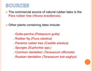  The commercial source of natural rubber latex is the
Para rubber tree (Hevea brasiliensis).
 Other plants containing latex include:
 Gutta-percha (Palaquium gutta)
 Rubber fig (Ficus elastica)
 Panama rubber tree (Castilla elastica)
 Spurges (Euphorbia spp.)
 Common dandelion (Taraxacum officinale)
 Russian dandelion (Taraxacum kok-saghyz)
 