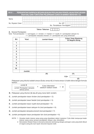 Buku Panduan Borang B

HK-9 :

Sistem Taksir Sendiri

PENDAPATAN DARIPADA NEGARA BUKAN PERJANJIAN PENGELAKAN PENCUKAIAN
DUA KALI DAN TUNTUTAN PELEPASAN CUKAI DI BAWAH SEKSYEN 133

Nama
No. Rujukan Cukai

No. K/P
No. Pendaftaran Perniagaan
Tahun Taksiran

A. Senarai Pendapatan
Nota: *Kod pendapatan: 1 = perniagaan, 2 = dividen, 3 = faedah, 5 = royalti, 6 = pendapatan seksyen 4 A
7 = pendapatan daripada amanah, 8 = pendapatan lain yang berkenaan

Bil.

*Kod

Cukai Yang Dipotong
Di Negara Asing

Jumlah Kasar

1
2
3
4
5
6
7
8
9
10
Jumlah
(X)

(Y)
Y/2=

(Z)
Pelepasan yang dituntut adalah amaun Z atau amaun U, di mana amaun U boleh dikira dengan formula
berikut:
Jumlah X
Jumlah Pendapatan daripada
semua punca

x

Cukai dikenakan
sebelum tolakan kredit

=

U

B. Pelepasan yang dituntut (U atau Z yang mana lebih rendah)
C. Jumlah pendapatan kasar dividen (kod pendapatan = 2)
D. Jumlah pendapatan kasar faedah (kod pendapatan = 3)
E. Jumlah pendapatan kasar royalti (kod pendapatan = 5)
F. Jumlah pendapatan kasar seksyen 4A (kod pendapatan = 6)
G. Jumlah pendapatan daripada amanah (kod pendapatan = 7)
H. Jumlah pendapatan kasar pendapatan lain (kod pendapatan = 8)
NOTA: 1. Gunakan kadar tukaran wang asing yang disediakan dalam Lampiran C jika tidak mempunyai kadar
tukaran wang asing semasa pendapatan dibayar atau dikreditkan.
2. Kemukakan Helaian Kerja ini bersama dokumen berhubung dengan potongan cukai yang telah dibuat
di negara asing jika tuan layak menuntut bayaran balik.

 