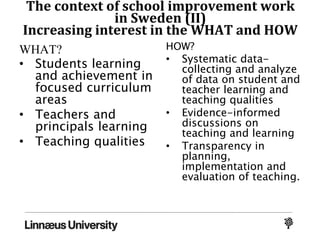The context of school improvement work
in Sweden (II)
Increasing interest in the WHAT and HOW
WHAT?
• Students learning
and achievement in
focused curriculum
areas
• Teachers and
principals learning
• Teaching qualities
HOW?
• Systematic data-
collecting and analyze
of data on student and
teacher learning and
teaching qualities
• Evidence-informed
discussions on
teaching and learning
• Transparency in
planning,
implementation and
evaluation of teaching.
 