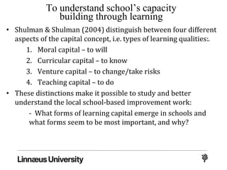 To understand school’s capacity
building through learning
• Shulman & Shulman (2004) distinguish between four different
aspects of the capital concept, i.e. types of learning qualities:.
1. Moral capital – to will
2. Curricular capital – to know
3. Venture capital – to change/take risks
4. Teaching capital – to do
• These distinctions make it possible to study and better
understand the local school-based improvement work:
- What forms of learning capital emerge in schools and
what forms seem to be most important, and why?
 