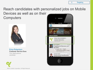 2. Targeting
Reach candidates with personalized jobs on Mobile
Devices as well as on their
Computers
Job you may be interested in:
Customer Service Exe
Hong Kong CSL
Erica Robertson
Your ideal passive
candidate
Customer Service Exec
©2012 LinkedIn Corporation. All Rights Reserved.
7
 