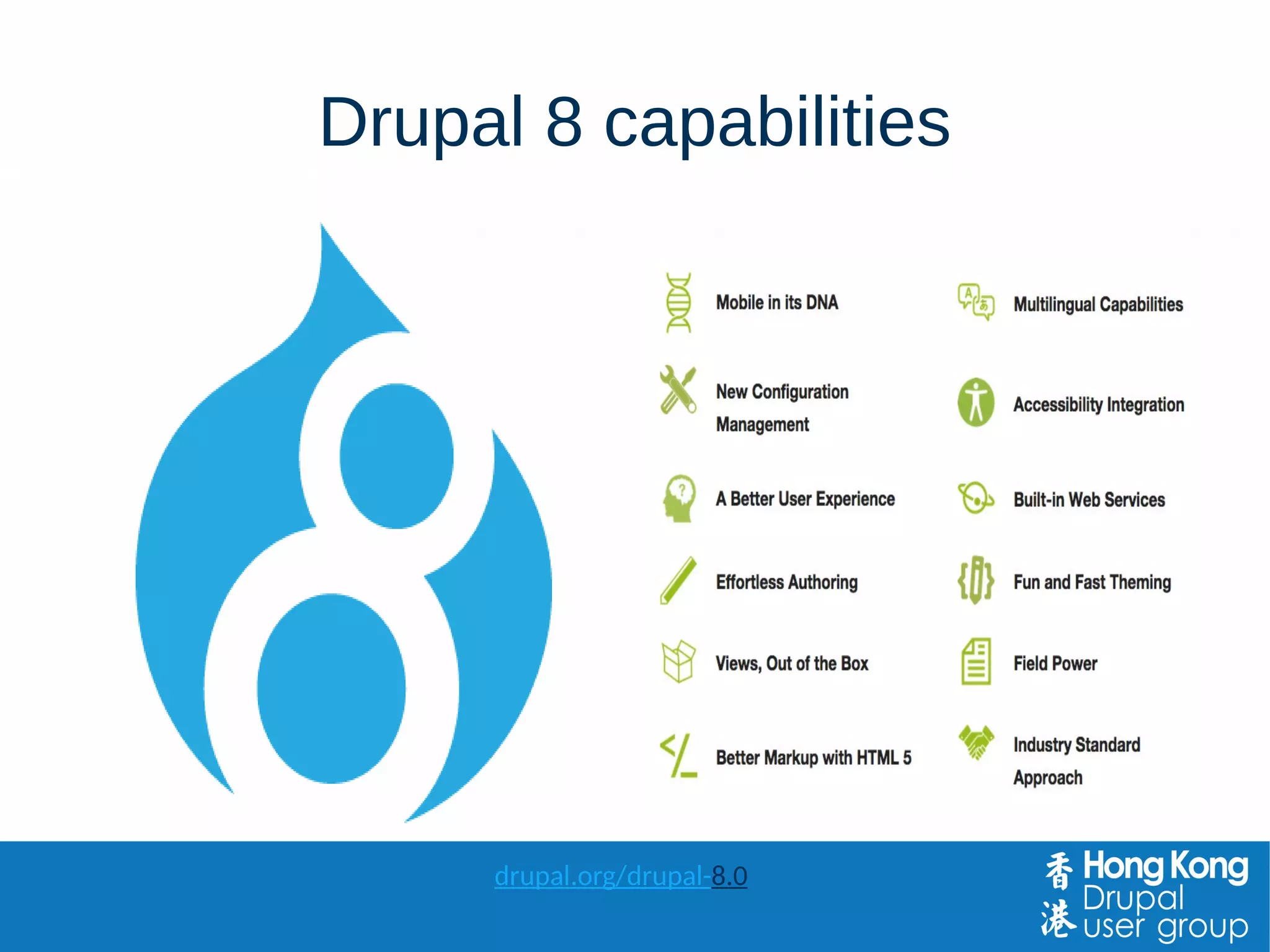 Drupal 8 capabilities
drupal.org/drupal-8.0
 