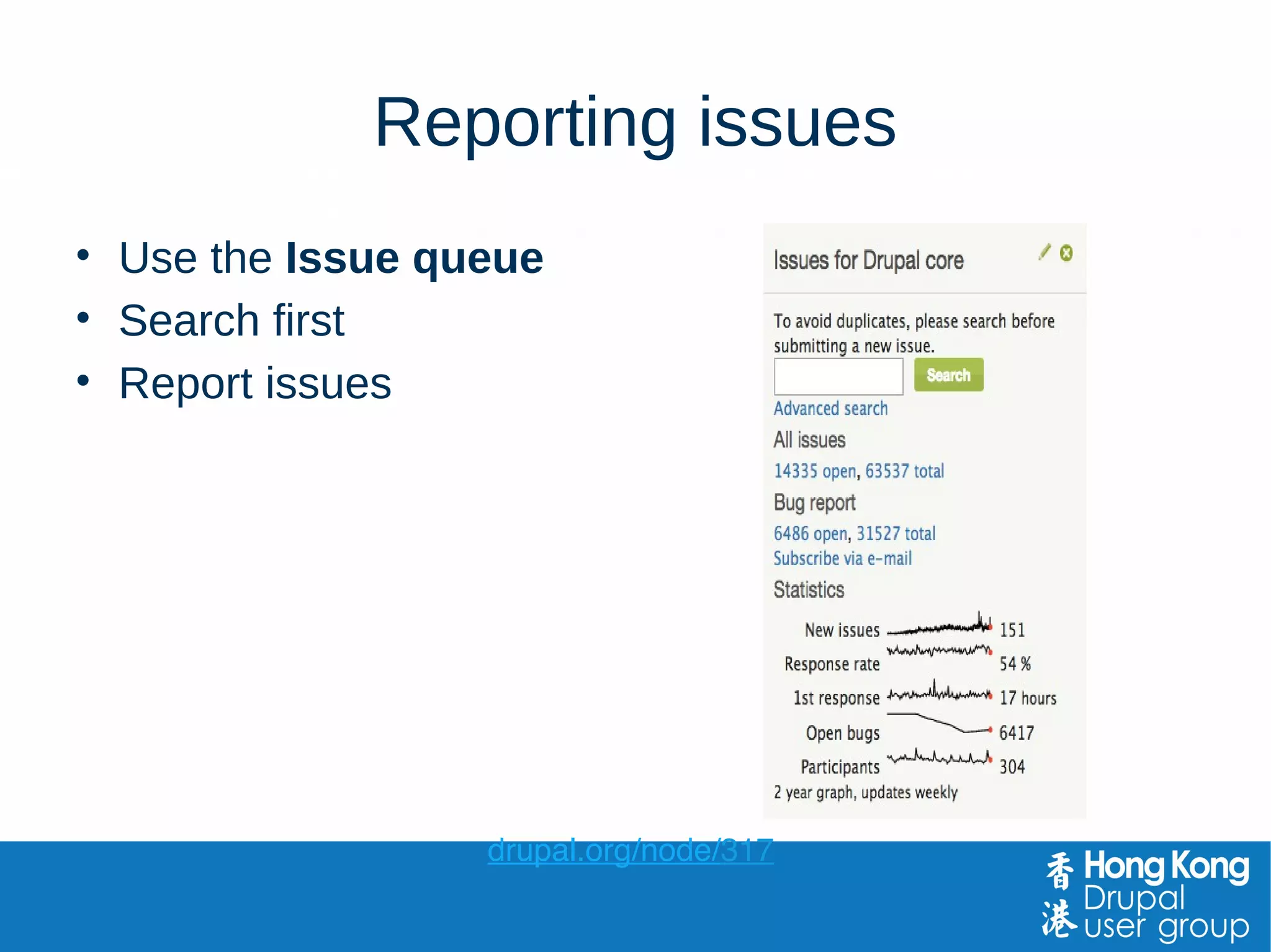Reporting issues
• Use the Issue queue
• Search first
• Report issues
drupal.org/node/317
 