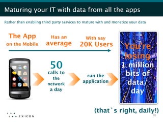 Maturing your IT with data from all the apps
Rather than enabling third party services to mature with and monetize your data



  The App                 Has an             With say
                       average
 20K Users
 on the Mobile
                                                                   You’re
                                                                   losing
                         50                                      1 million
                        calls to
                                              run the             bits of
                          the
                        network
                                            application
           data/
                         a day
                                                                    day

                                                  (that`s right, daily!)
                                                                                   10
 