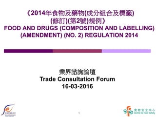 1
《2014年食物及藥物(成分組合及標籤)
(修訂)(第2號)規例》
FOOD AND DRUGS (COMPOSITION AND LABELLING)
(AMENDMENT) (NO. 2) REGULATION 2014
業界諮詢論壇
Trade Consultation Forum
16-03-2016
 