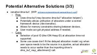 ● cenalloc/dma-buf: (WIP: git.linaro.org/people/sumit.semwal/linux-3.x.git)
○ Pros:
■ Uses dma-buf (may become dma-buf “allocation helpers”).
■ Potentially allows unification of allocators under a central
framework device (/dev/cenalloc).
■ Allows for memory constraints sharing between devices.
■ User mode can get physical address if needed.
○ Cons:
■ Selection of pool ID (like ION Heap ID) at allocation time not
supported.
■ Some use cases don’t fit the delayed allocation model: eg: when
user space needs to be the source in a pipeline, actual allocation
needs to occur earlier than the importing driver’s
dma_buf_map_attachment() call.
Potential Alternative Solutions (3/3)
 