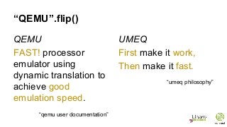“QEMU”.flip()
QEMU
FAST! processor
emulator using
dynamic translation to
achieve good
emulation speed.
“qemu user documentation”
UMEQ
First make it work,
Then make it fast.
“umeq philosophy”
 