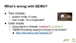 What’s wrong with QEMU?
● Two modes:
○ system mode: It rocks
○ user mode: “It’s complicated”
● User mode
○ using signal or threads: crashes/hangs/works
○ “QEMU threading support is known to be broken”
■ http://wiki.qemu.org/Testing/LTP
 