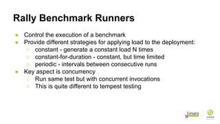 Rally Benchmark Runners
● Control the execution of a benchmark
● Provide different strategies for applying load to the deployment:
○ constant - generate a constant load N times
○ constant-for-duration - constant, but time limited
○ periodic - intervals between consecutive runs
● Key aspect is concurrency
○ Run same test but with concurrent invocations
○ This is quite different to tempest testing
 