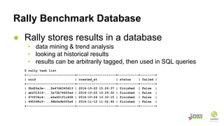 Rally Benchmark Database
● Rally stores results in a database
• data mining & trend analysis
• looking at historical results
• results can be arbitrarily tagged, then used in SQL queries
$ rally task list
+--------------------------+---------------------+-----------+--------+
| uuid | created_at | status | failed |
+--------------------------+---------------------+-----------+--------+
| fbdf6a3e-...fe47d6345d13 | 2014-10-22 15:26:37 | finished | False |
| ab231519-...3a72b7460fad | 2014-10-22 15:29:32 | finished | False |
| 67ff34c4-...a6a651f1c458 | 2014-10-24 13:33:15 | finished | False |
| 495598c5-...98b0e9b005e6 | 2014-11-12 11:02:46 | finished | False |
+--------------------------+---------------------+-----------+--------+
 