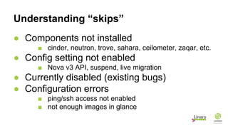 Understanding “skips”
● Components not installed
■ cinder, neutron, trove, sahara, ceilometer, zaqar, etc.
● Config setting not enabled
■ Nova v3 API, suspend, live migration
● Currently disabled (existing bugs)
● Configuration errors
■ ping/ssh access not enabled
■ not enough images in glance
 