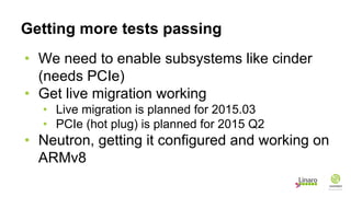 Getting more tests passing
• We need to enable subsystems like cinder
(needs PCIe)
• Get live migration working
• Live migration is planned for 2015.03
• PCIe (hot plug) is planned for 2015 Q2
• Neutron, getting it configured and working on
ARMv8
 