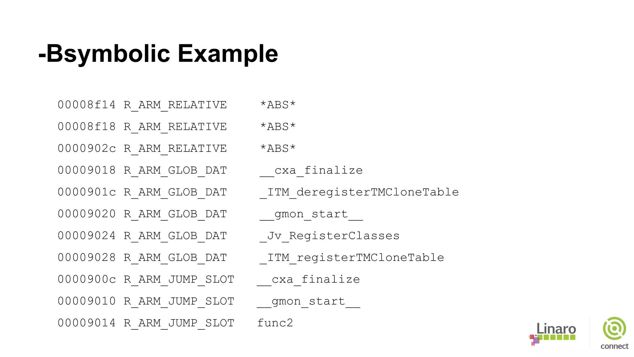 -Bsymbolic Example
00008f14 R_ARM_RELATIVE *ABS*
00008f18 R_ARM_RELATIVE *ABS*
0000902c R_ARM_RELATIVE *ABS*
00009018 R_ARM_GLOB_DAT __cxa_finalize
0000901c R_ARM_GLOB_DAT _ITM_deregisterTMCloneTable
00009020 R_ARM_GLOB_DAT __gmon_start__
00009024 R_ARM_GLOB_DAT _Jv_RegisterClasses
00009028 R_ARM_GLOB_DAT _ITM_registerTMCloneTable
0000900c R_ARM_JUMP_SLOT __cxa_finalize
00009010 R_ARM_JUMP_SLOT __gmon_start__
00009014 R_ARM_JUMP_SLOT func2
 