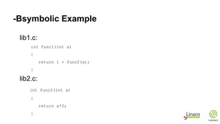 -Bsymbolic Example
lib1.c:
int func1(int a)
{
return 1 + func2(a);
}
lib2.c:
int func2(int a)
{
return a*2;
}
 