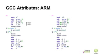 GCC Attributes: ARM
f1:
push {r7}
sub sp, sp, #12
add r7, sp, #0
str r0, [r7, #4] @ float
str r2, [r7] @ float
.syntax unified
@ 14 "arm.c" 1
@ MY CODE
@ 0 "" 2
.thumb
.syntax unified
nop
mov r0, r3
adds r7, r7, #12
mov sp, r7
@ sp needed
ldr r7, [sp], #4
bx lr
f2:
push {r7}
sub sp, sp, #12
add r7, sp, #0
vstr.32 s0, [r7, #4]
vstr.32 s1, [r7]
.syntax unified
@ 18 "arm.c" 1
@ MY CODE
@ 0 "" 2
.thumb
.syntax unified
nop
mov r0, r3
adds r7, r7, #12
mov sp, r7
@ sp needed
ldr r7, [sp], #4
bx lr
 