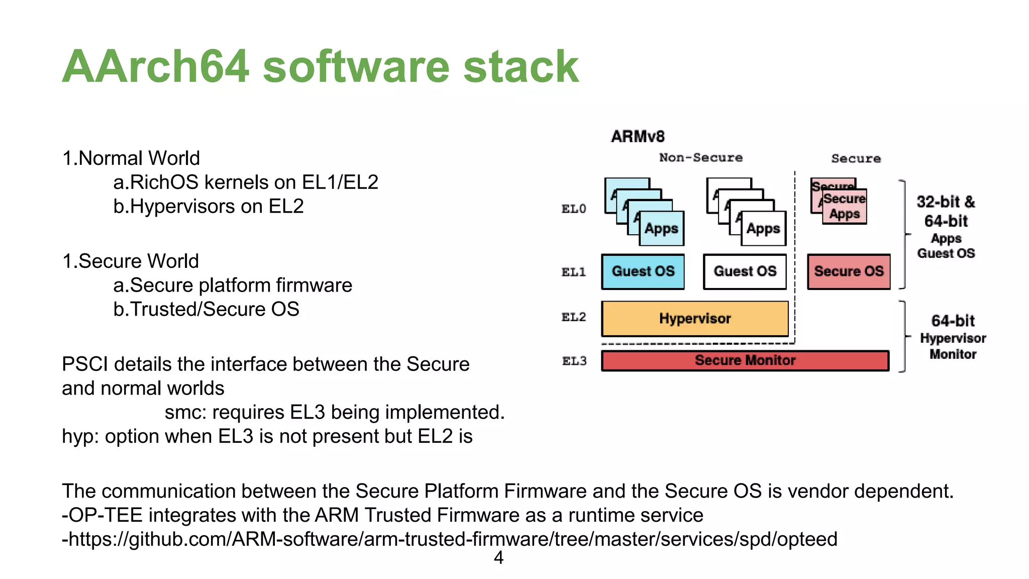 AArch64 software stack
1.Normal World
a.RichOS kernels on EL1/EL2
b.Hypervisors on EL2
1.Secure World
a.Secure platform firmware
b.Trusted/Secure OS
PSCI details the interface between the Secure
and normal worlds
smc: requires EL3 being implemented.
hyp: option when EL3 is not present but EL2 is
The communication between the Secure Platform Firmware and the Secure OS is vendor dependent.
-OP-TEE integrates with the ARM Trusted Firmware as a runtime service
-https://github.com/ARM-software/arm-trusted-firmware/tree/master/services/spd/opteed
4
 