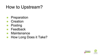 ● Preparation
● Creation
● Posting
● Feedback
● Maintenance
● How Long Does it Take?
How to Upstream?
 
