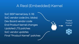 A Real (Embedded) Kernel
SoC BSP kernel (say 3.18)
SoC vendor code (inc. blobs)
Dev Board vendor code
End Product kernel c...
