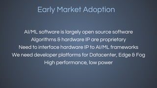 Early Market Adoption
AI/ML software is largely open source software
Algorithms & hardware IP are proprietary
Need to inte...