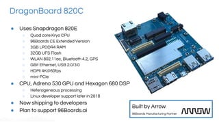 DragonBoard 820C
● Uses Snapdragon 820E
○ Quad core Kryo CPU
○ 96Boards CE Extended Version
○ 3GB LPDDR4 RAM
○ 32GB UFS Fl...