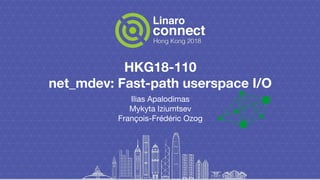 HKG18-110
net_mdev: Fast-path userspace I/O
Ilias Apalodimas
Mykyta Iziumtsev
François-Frédéric Ozog
 