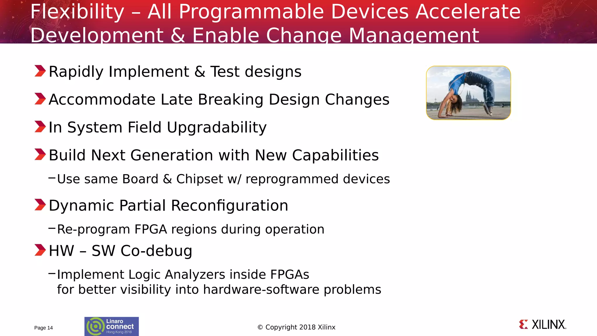 © Copyright 2018 Xilinx
Rapidly Implement & Test designs
Accommodate Late Breaking Design Changes
In System Field Upgradability
Build Next Generation with New Capabilities
–Use same Board & Chipset w/ reprogrammed devices
Dynamic Partial Reconfiguration
–Re-program FPGA regions during operation
HW – SW Co-debug
–Implement Logic Analyzers inside FPGAs
for better visibility into hardware-software problems
Page 14
Flexibility – All Programmable Devices Accelerate
Development & Enable Change Management
 