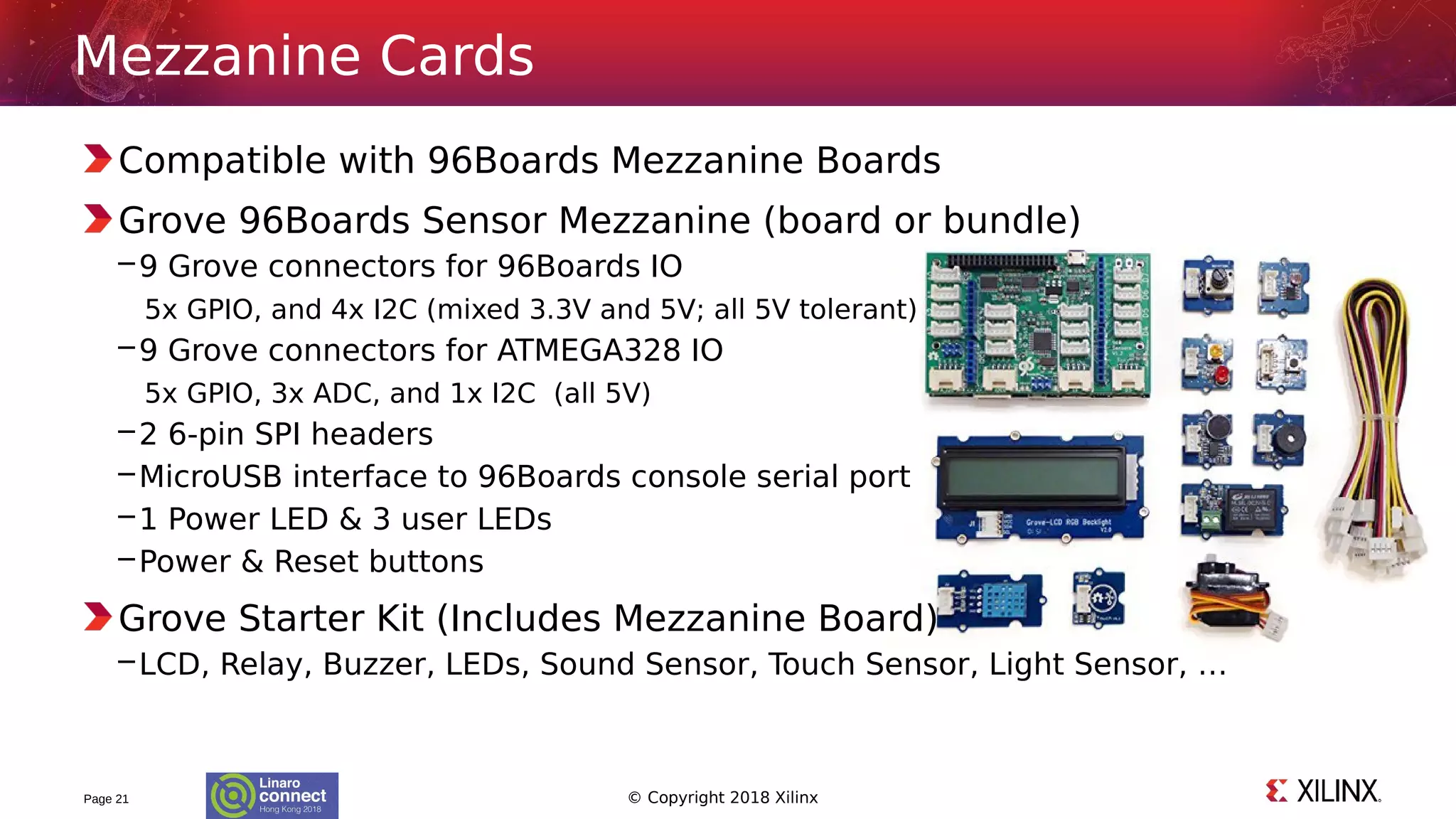© Copyright 2018 Xilinx
Compatible with 96Boards Mezzanine Boards
Grove 96Boards Sensor Mezzanine (board or bundle)
–9 Grove connectors for 96Boards IO
5x GPIO, and 4x I2C (mixed 3.3V and 5V; all 5V tolerant)
–9 Grove connectors for ATMEGA328 IO
5x GPIO, 3x ADC, and 1x I2C (all 5V)
–2 6-pin SPI headers
–MicroUSB interface to 96Boards console serial port
–1 Power LED & 3 user LEDs
–Power & Reset buttons
Grove Starter Kit (Includes Mezzanine Board)
–LCD, Relay, Buzzer, LEDs, Sound Sensor, Touch Sensor, Light Sensor, …
Page 21
Mezzanine Cards
 