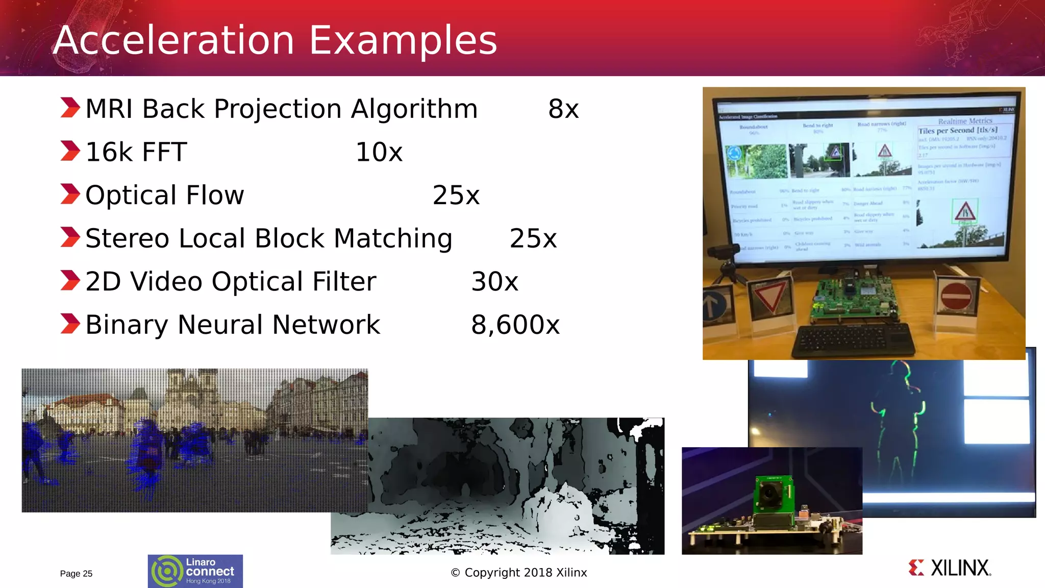 © Copyright 2018 Xilinx
MRI Back Projection Algorithm 8x
16k FFT 10x
Optical Flow 25x
Stereo Local Block Matching 25x
2D Video Optical Filter 30x
Binary Neural Network 8,600x
Page 25
Acceleration Examples
 