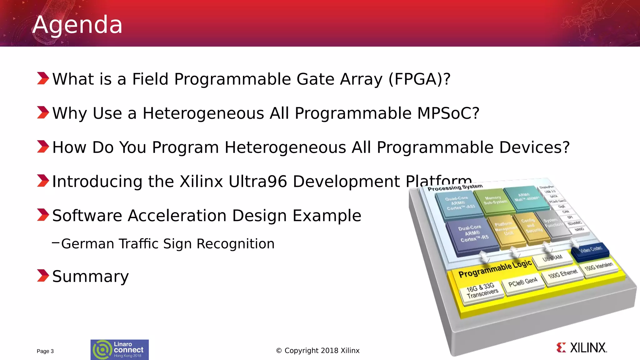 © Copyright 2018 Xilinx
What is a Field Programmable Gate Array (FPGA)?
Why Use a Heterogeneous All Programmable MPSoC?
How Do You Program Heterogeneous All Programmable Devices?
Introducing the Xilinx Ultra96 Development Platform
Software Acceleration Design Example
–German Traffic Sign Recognition
Summary
Page 3
Agenda
 