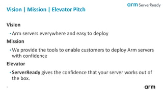 14
Vision | Mission | Elevator Pitch
Vision
• Arm servers everywhere and easy to deploy
Mission
• We provide the tools to enable customers to deploy Arm servers
with confidence
Elevator
• ServerReady gives the confidence that your server works out of
the box.
 