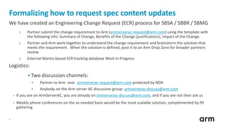 4
We have created an Engineering Change Request (ECR) process for SBSA / SBBR / SBMG
1. Partner submit the change requirement to Arm (armserverac-request@arm.com) using the template with
the following info: Summary of Change, Benefits of the Change (justifications), Impact of the Change.
2. Partner and Arm work together to understand the change requirement and brainstorm the solution that
meets the requirement . When the solution is defined, post it to an Arm Drop Zone for broader partners
review
3. External Mantis-based ECR tracking database Work In Progress
Logistics:
 Two discussion channels:
 Partner to Arm over armserverac-request@arm.com protected by NDA
 Anybody on the Arm server AC discussion group: armserverac-discuss@arm.com
• If you are on ArmServerAC, you are already on armserverac-discuss@arm.com, and if you are not then ask us
• Weekly phone conferences on the as-needed basis would be the most scalable solution, complemented by ftf
gathering
Formalizing how to request spec content updates
 