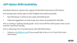 9
UEFI Option ROM Availability
Architecturally Arm requires the support of AArch64 native binary UEFI drivers
Arm testing room will be open at UEFI Plugfest next week to provide:
• Real HW Setup in which to test native AArch64 drivers
• Help and suggestions on how to get your driver recompiled for AArch64
Arm is creating a “getting started guide” and a list of off-the-shelf systems that can be
used for continuous testing
Arm is collecting a list of vendors/cards with AArch64 drivers:
• Contact us (uefi@arm.com) if you would like to be on it or if you’d like more
information
 