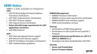 8
SBBR Status
SBBR 1.1 (EAC available on Dropzone)
UEFI:
• UEFI PCI Root Bridge IO Protocol Address
Translation clarificat...