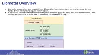 Libmetal Overview
● Libmetal is an abstraction layer across different OSes and hardware platforms environments to manage d...