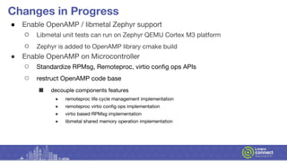 Changes in Progress
● Enable OpenAMP / libmetal Zephyr support
○ Libmetal unit tests can run on Zephyr QEMU Cortex M3 plat...