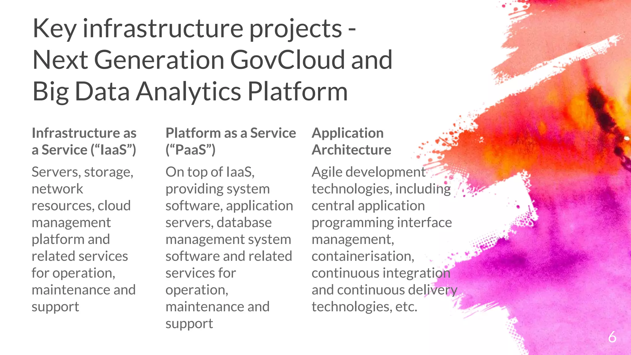 Key infrastructure projects -
Next Generation GovCloud and
Big Data Analytics Platform
Infrastructure as
a Service (“IaaS”)
Servers, storage,
network
resources, cloud
management
platform and
related services
for operation,
maintenance and
support
Platform as a Service
(“PaaS”)
On top of IaaS,
providing system
software, application
servers, database
management system
software and related
services for
operation,
maintenance and
support
Application
Architecture
Agile development
technologies, including
central application
programming interface
management,
containerisation,
continuous integration
and continuous delivery
technologies, etc.
6
 