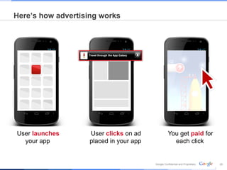 Here’s how advertising works




User launches      User clicks on ad              You get paid for
  your app         placed in your app               each click


                                        Google Confidential and Proprietary   29
 