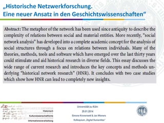 „Historische Netzwerkforschung.
Eine neuer Ansatz in den Geschichtswissenschaften“

Universität zu Köln
29.01.2014
Simone Kronenwett & Jan Wieners
Kolloquium „Digital Humanities“

 