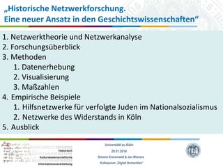 „Historische Netzwerkforschung.
Eine neuer Ansatz in den Geschichtswissenschaften“
1. Netzwerktheorie und Netzwerkanalyse
2. Forschungsüberblick
3. Methoden
1. Datenerhebung
2. Visualisierung
3. Maßzahlen
4. Empirische Beispiele
1. Hilfsnetzwerke für verfolgte Juden im Nationalsozialismus
2. Netzwerke des Widerstands in Köln
5. Ausblick
Universität zu Köln
29.01.2014
Simone Kronenwett & Jan Wieners
Kolloquium „Digital Humanities“

 