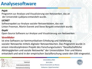 Analysesoftware
Pajek
Programm zur Analyse und Visualisierung von Netzwerken, das an
der Universität Ljubljana entwickelt wurde.
UCINET
Softwarepaket zur Analyse sozialer Netzwerkdaten, das von
Linton Freeman, Martin Everett and Steve Borgatti entwickelt wurde.
Gephi
Open-Source Software zur Analyse und Visualisierung von Netzwerken

VennMaker
ist eine Software zur kommunikativen Erhebung und Validierung
sozialer Netzwerke mittels digitaler Netzwerkkarten. Das Programm wurde in
einem interdisziplinären Projekt des Forschungsclusters "Gesellschaftliche
Abhängigkeiten und soziale Netzwerke" der Universitäten Trier und Mainz
entwickelt und wird in der empirischen Sozialforschung sowie den GW eingesetzt.
Universität zu Köln
29.01.2014
Simone Kronenwett & Jan Wieners
Kolloquium „Digital Humanities“

 
