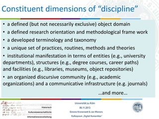 Constituent dimensions of “discipline”
• a defined (but not necessarily exclusive) object domain
• a defined research orientation and methodological frame work
• a developed terminology and taxonomy
• a unique set of practices, routines, methods and theories
• institutional manifestation in terms of entities (e.g., university
departments), structures (e.g., degree courses, career paths)
and facilities (e.g., libraries, museums, object repositories)
• an organized discursive community (e.g., academic
organizations) and a communicative infrastructure (e.g. journals)
…and more…
Universität zu Köln
06.11.2013
Simone Kronenwett & Jan Wieners
Kolloquium „Digital Humanities“

 