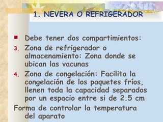 1. NEVERA O REFRIGERADOR  Debe tener dos compartimientos:  Zona de refrigerador o almacenamiento: Zona donde se ubican las vacunas  Zona de congelación: Facilita la congelación de los paquetes fríos, llenen toda la capacidad separados por un espacio entre si de 2.5 cm Forma de controlar la temperatura del aparato 